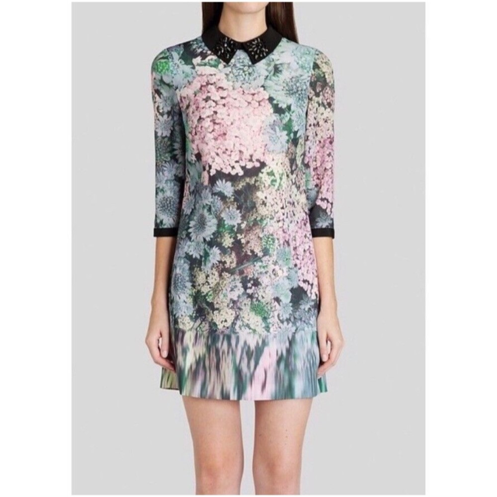 TED BAKER Beaded Collar Floral Schiffon Short 3/4 Sleeve Dress Sz. 6